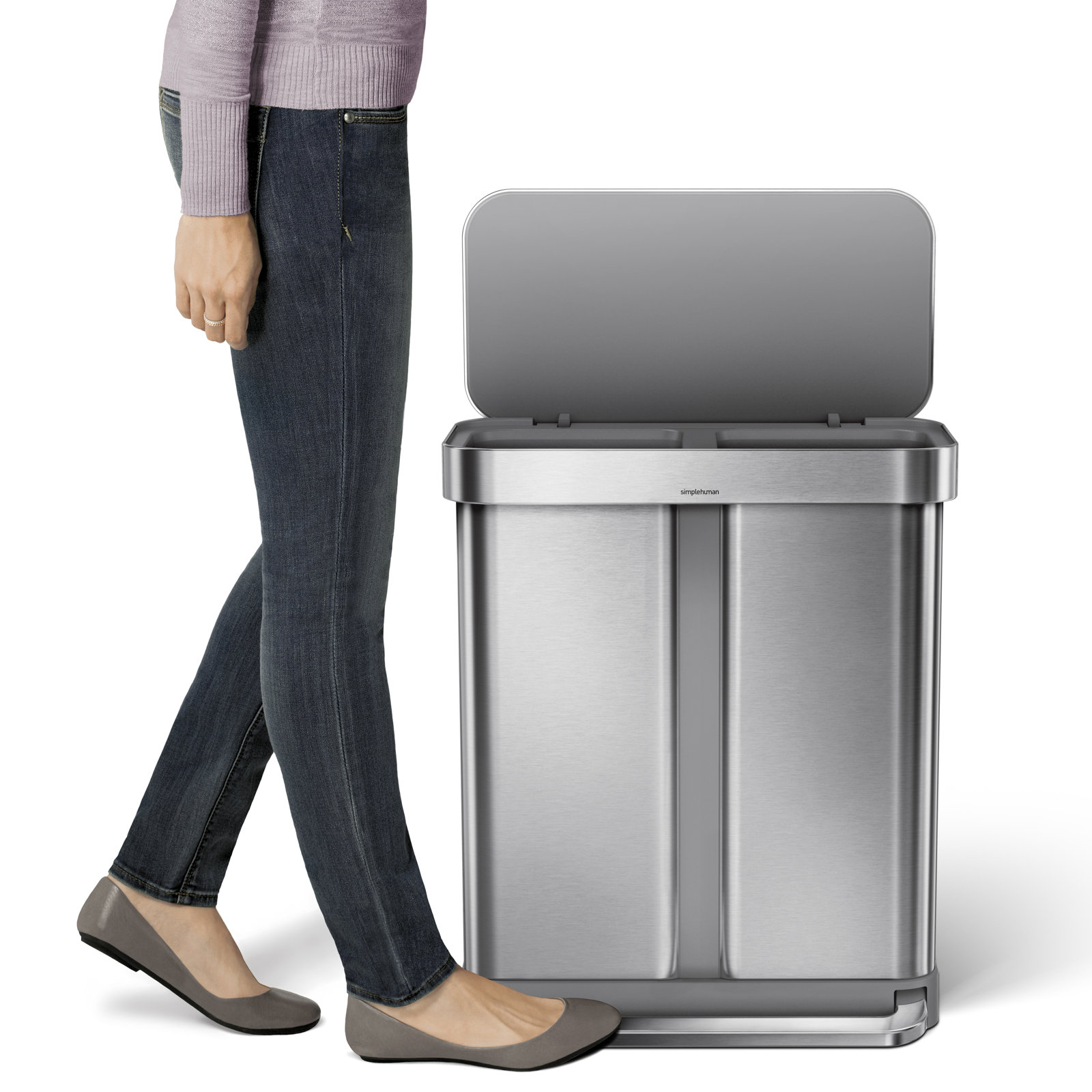 simplehuman 15.3gal Dual Recycling Step Can, Brushed
