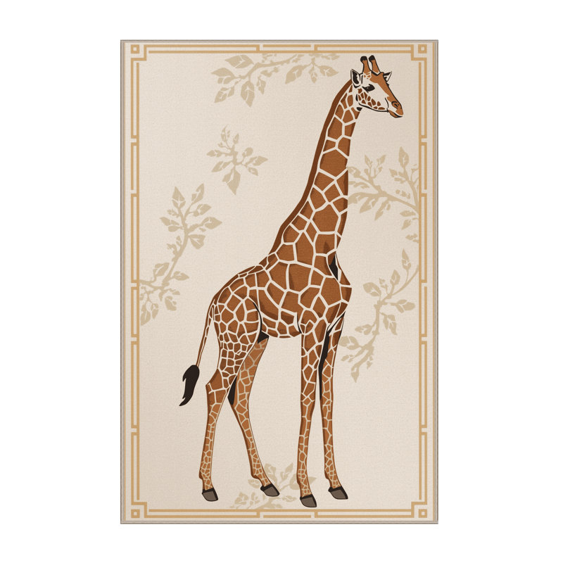 Machine Washable Peirsen Giraffe Traditional Block Print Rug in Beige – Beige Binding, 8 x 12