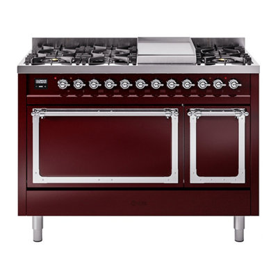 Cuisinière ILVE Nostalgie II Series 48 po à double combustible avec 8 brûleurs scellés et plaque de cuisson (propane liquide, porte pleine)