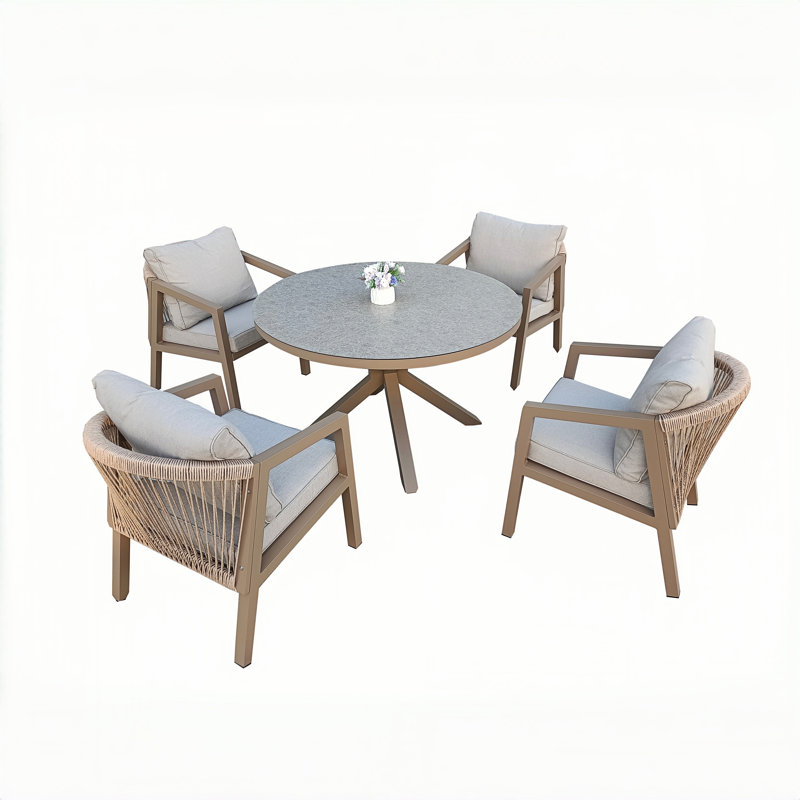 Round Patio Dining Set with Cushions included, Neutral, 4