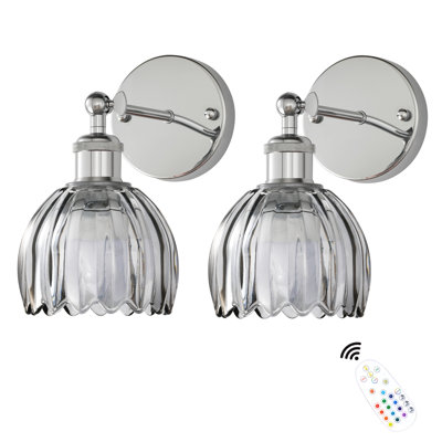  Battery Operated Wall Sconces With Remote, Rechargeable Wireless Wall Sconce With Tulip Glass Shade, RGB Dimmable Light (Set Of 2)