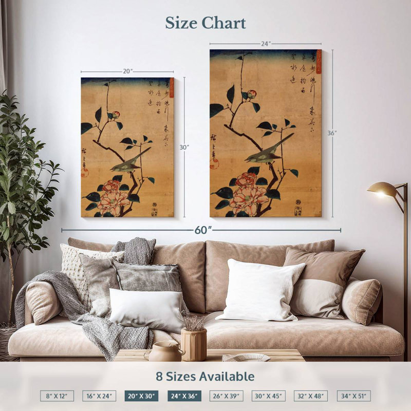 Brampt Ukiyo-E Camellia And Nightingale, 36" H x 24" W