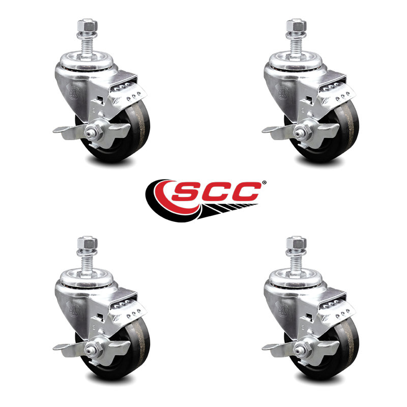 Ensemble de roulettes à tige filetée pivotante de 3 po avec roues filetées de 3/8 po avec frein SCC