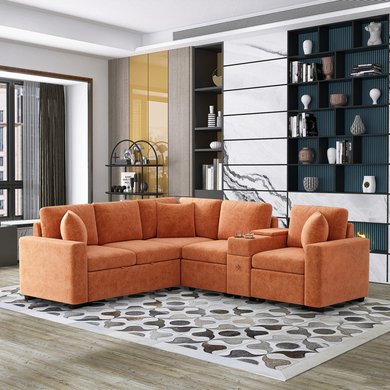 Canapé-lit convertible en L avec console et rangement, Chenille orange