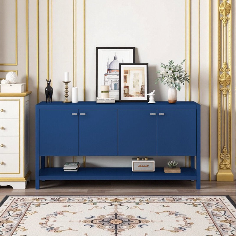 Console d'entrée bleu marine avec rangement à 4 portes et tablette ouverte, conception américaine pour le salon / bureau, l 59,6 po x P 15,7 po x H 30,1 po