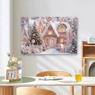 «Pink Candy Style Christmas Gingerbread House» avec décorations et pins couverts de neige, art mural sur toile