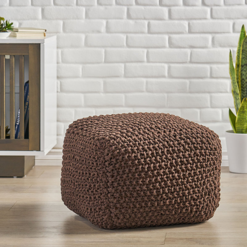 Corin 20.5" Wide Cotton Knit Square Pouf, Brown