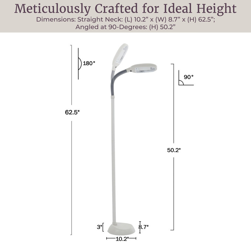 Sunlight Task Floor Lamp - Full Spectrum Natural Sunlight Lamp with Bendable Neck, White, 62.5"
