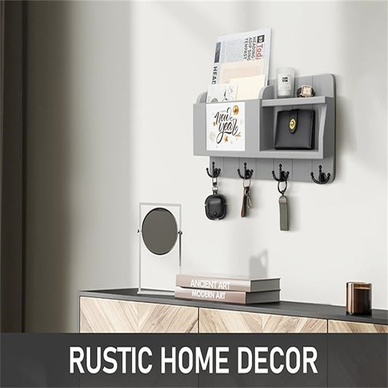 Gray Wooden Wall Mounted Key Holder and Mail Organizer with Shelf