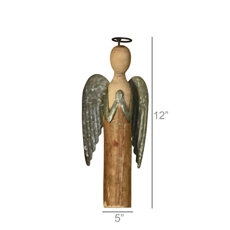 Ange en bois et métal à la prière, H 12 po x l 5 po x P 2 po