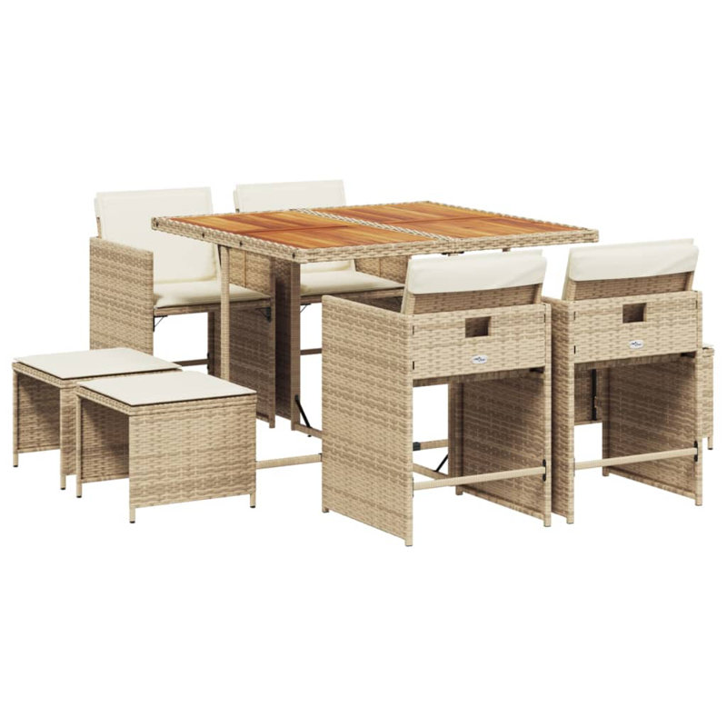  Ensemble de salle à manger de patio 8 pièces en rotin PE beige 9 pièces, Blanc, crème, Beige