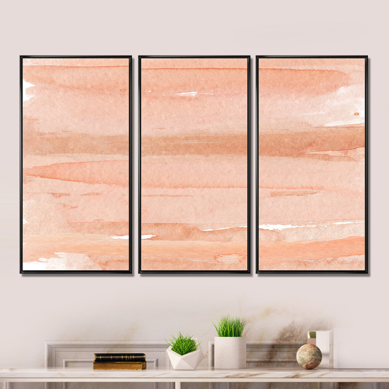 Impression abstraite rose et orange - 3 pièces, reproduction sur toile, Cadre noir, H 28 po x l 36 po x P 1 po