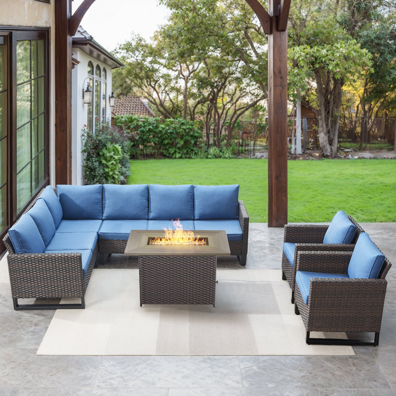Ingvald 8- Person Outdoor PE Wicker Patio Seating Group with Fire Pit and Cushions, Blue, Brown