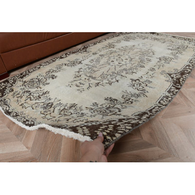 Beige Turkish Area Rug With Vintage Oushak Design Ideal for Dining Room Spaces