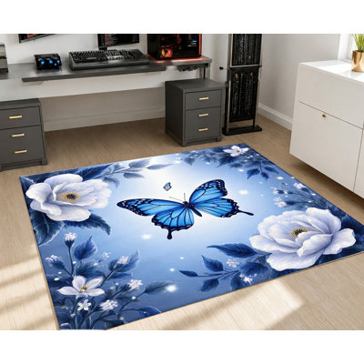 Tapis décoratif floral bleu et blanc éclatant, charmant motif de papillon naturel, tapis doux antidérapant durable et lavable à la machine, décoration intérieure élégante pour le salon, la chambre à coucher, le vestibule, la porte d'entrée, la cuisine, le balcon et l'appartement