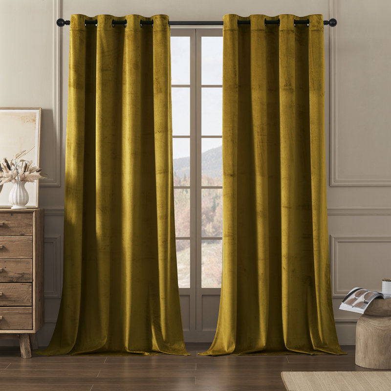 Deavion Velvet Solid Color Metal Grommets Room Darkening Curtain Panels, 52" W x 90" L, Gold