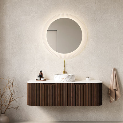 Meuble-lavabo rond blanc en céramique de 48 po, armoire avec 2 tiroirs, finition noyer foncé, comptoir, glissières de tiroir à fermeture en douceur faciles à installer