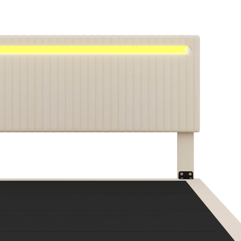 Floating Bed With Sensor LED Lights And Height-Adjustable Headboard, Vertical Channel Design, Beige, Full