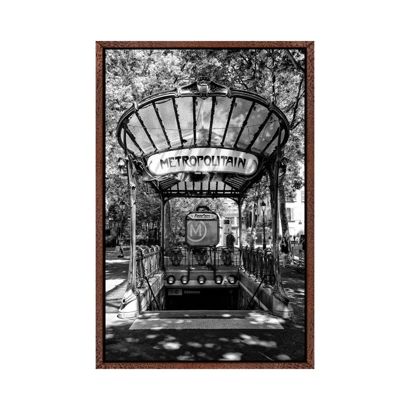 Black Montmartre Series - Abbesses Metropolitain by Philippe Hugonnard - Print on Canvas, Classic Brown Wood Floater Framed