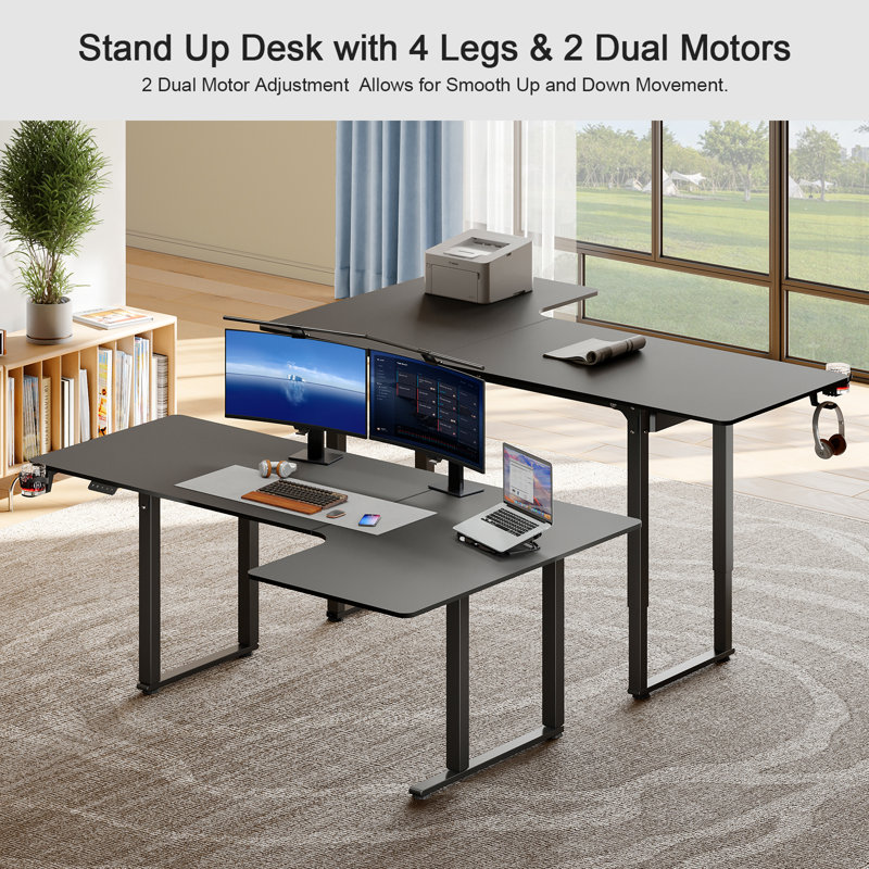 Lemarion Adjustable L-Shaped Metal Base Standing Desk with Power Outlet, 46" H x 63" W x 43" D, Black