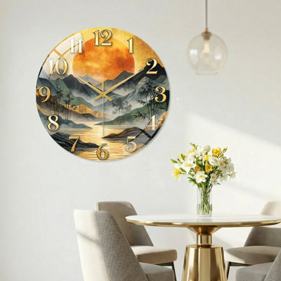 Mountain Landscape Modern Decorated Glass Wall Clock Home Decor Art-15.7"