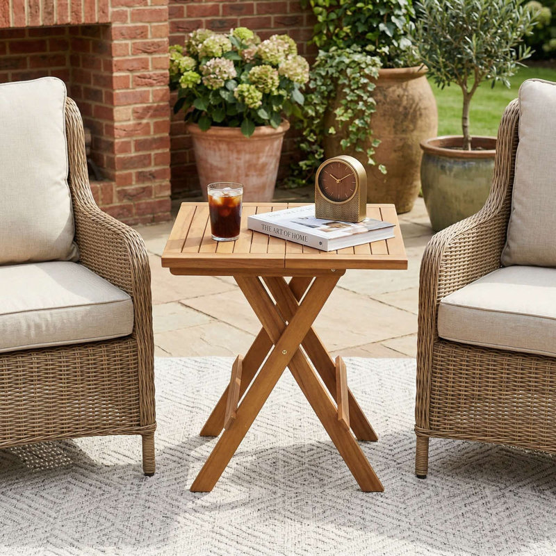 Sturdy Natural Teak Wood Square Coffee Table With Heavy Duty X Shaped Support Legs And Breathable Slatted Tabletop For Balcony Patio Backyard Garden
