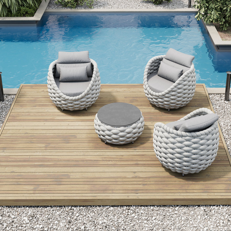 Ensemble de chaises de patio pour 3 personnes avec table basse, Light Grey Polyester Rope, 4 Pcs: Table, 3 Chairs, Light Grey