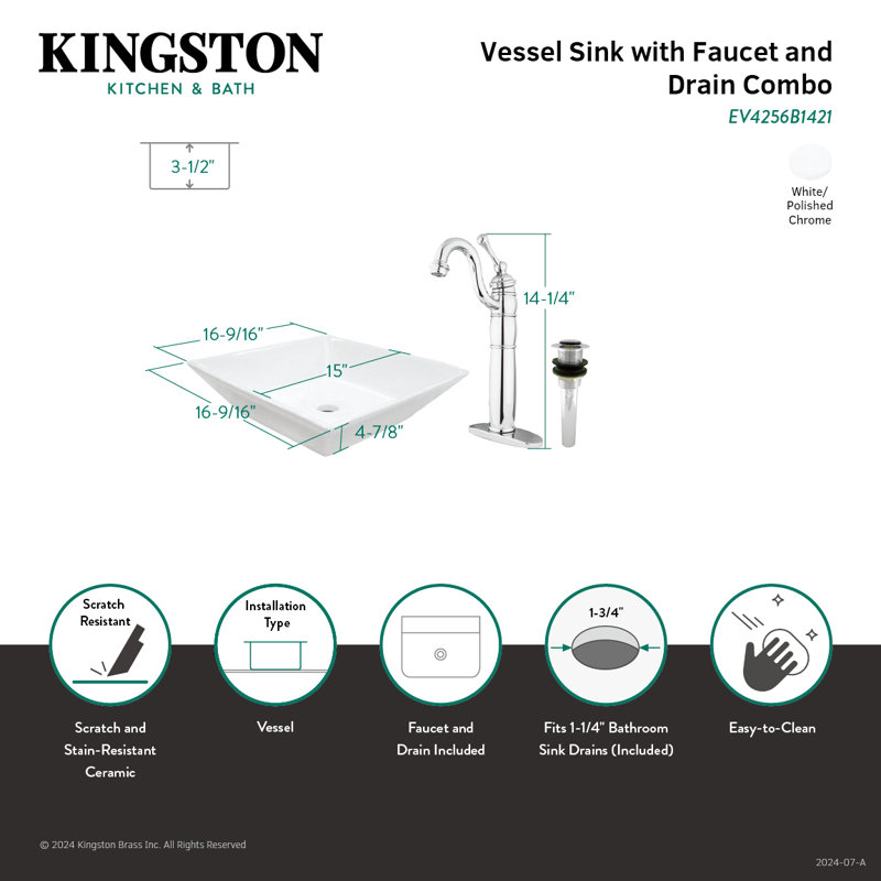 Kingston Brass Perfection Ceramic Square Vessel Sink with Faucet and Drain, Polished Chrome