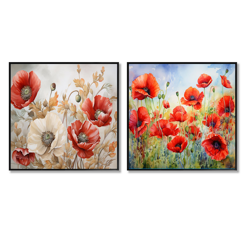 Poppies Charm In Winter Delight - Ensemble de 2 collages carrés coquelicots, Cadre flottant noir, H 16 po x l 33 po