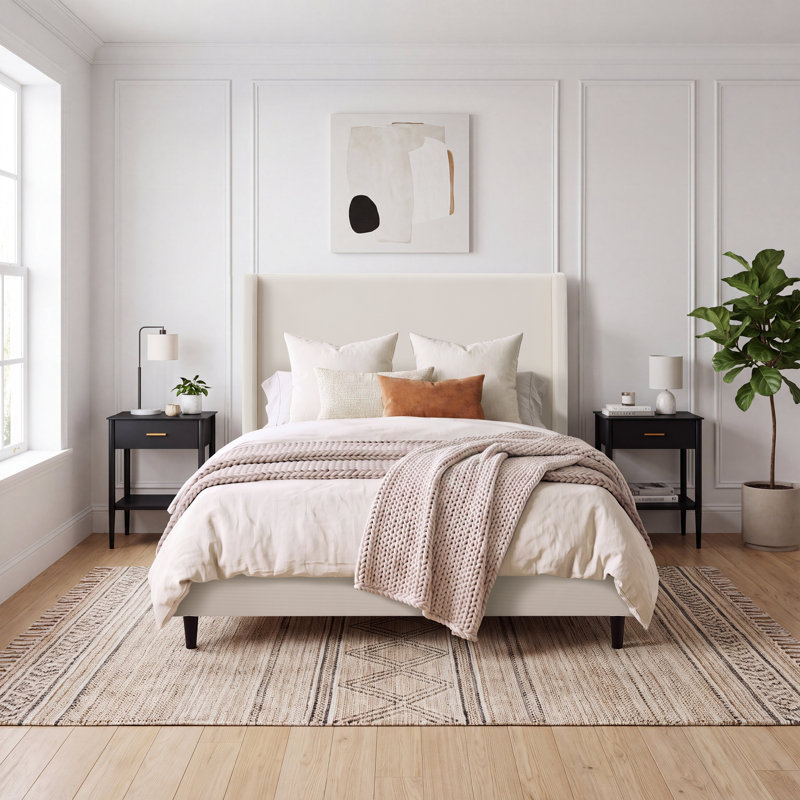 Ana Upholstered Wingback Platform Bed, Ivory Corduroy, Queen