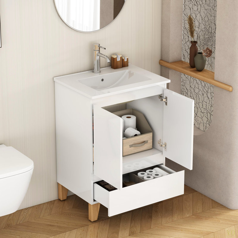 Ensemble de meuble-lavabo moderne 24 po avec lavabo, meuble-lavabo avec 2 portes et 1 tiroir, système anti-égratignure, conception sans poignée, pieds en bois massif naturel, lavabo en céramique, assemblage facile