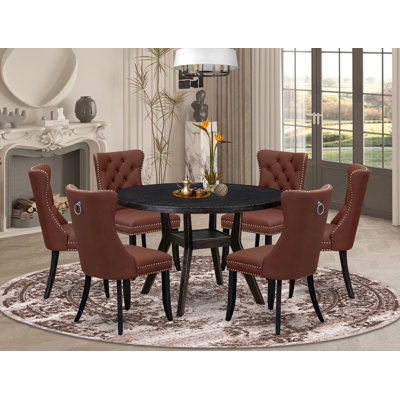 7 Piece Dining Table Set Contains a 48" Round Table with Pedestal and 6 Burgandy Polyester fabric Upholstered Chairs, Sand Blasted Black