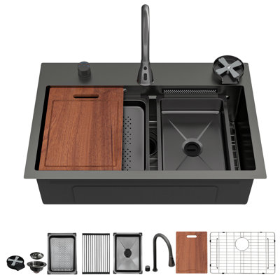 Évier de cuisine à cascade encastré noir Gunmetal - éviers de cuisine 31,5 x 21 po à simple cuve en acier inoxydable de calibre 16 avec robinet rétractable et laveuse à tasses