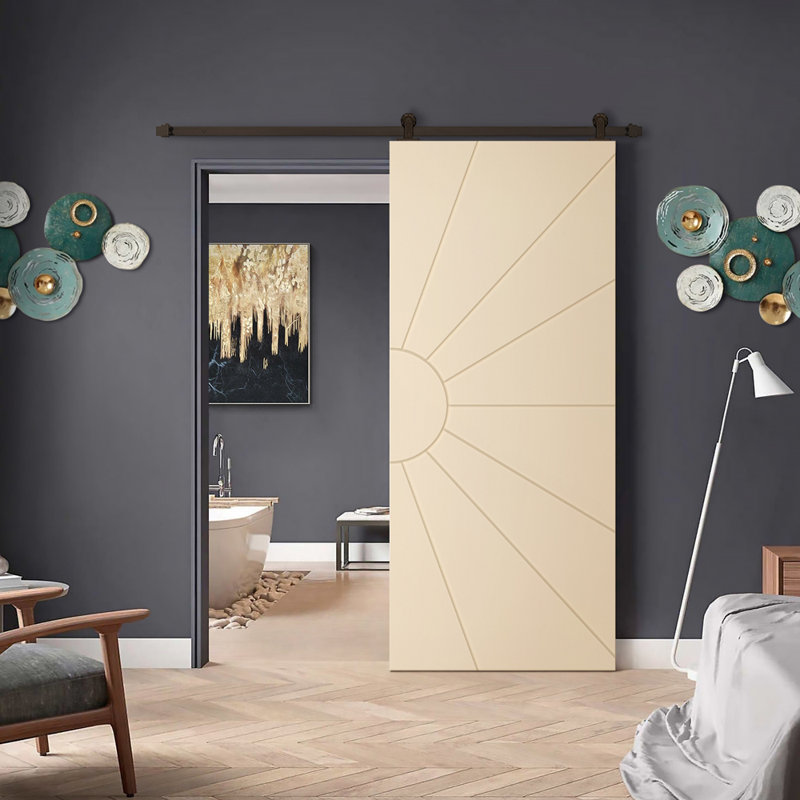 Porte de grange à panneaux et en bois manufacturé avec quincaillerie d'installation, 30 po x 80 po, Beige
