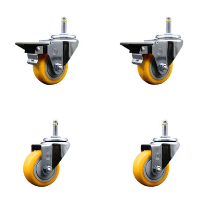 3 Inch Yellow Poly Wheel Swivel 7/16 Inch Grip Ring Stem Caster Set 2 Brakes