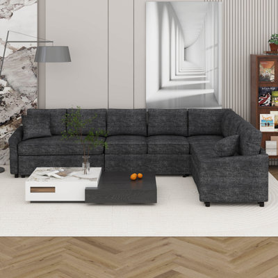 Canapé-lit convertible en forme de L de 124,8 po avec canapé-lit, canapé rembourré en chenille avec 2 coussins de dossier, 2 ports USB, 2 prises de courant