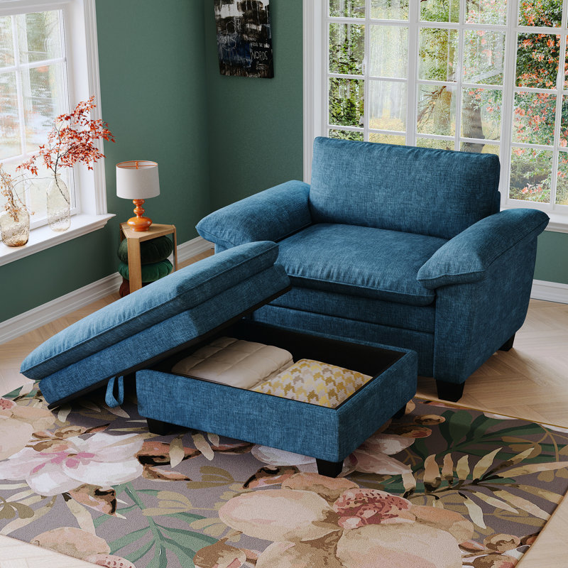 Chaise longue avec et rangement - Tête de lit en chenille bleue Soft &, Bleu