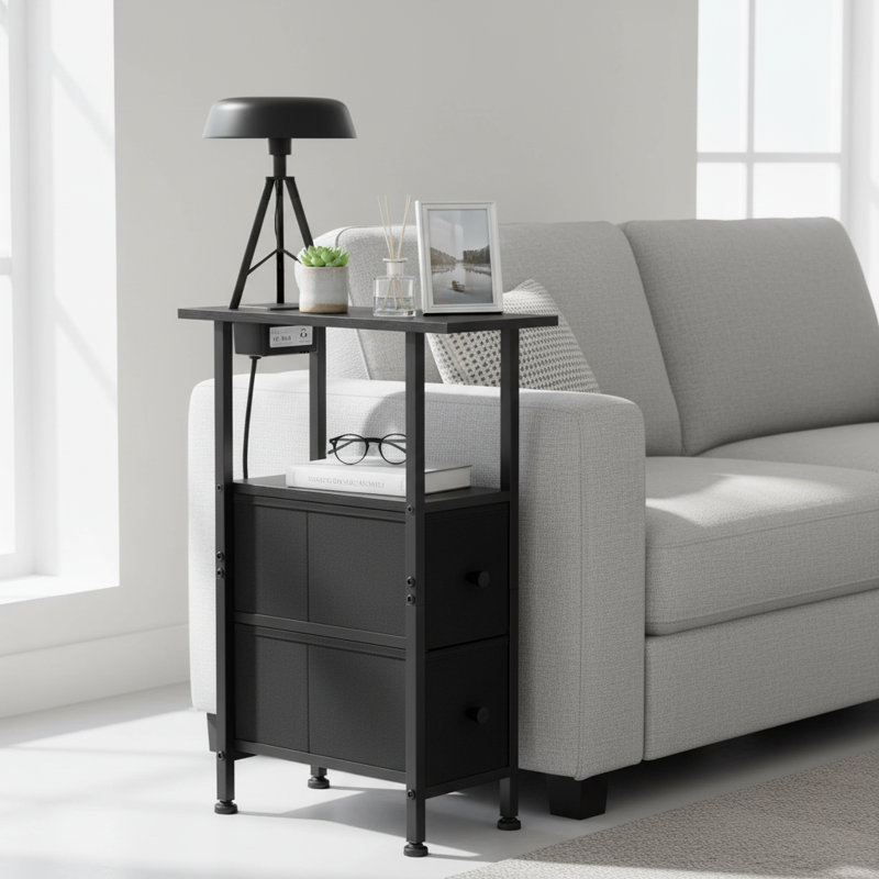 LIKISAK Slim End Table, Narrow Tablle 2 Drawers, Black