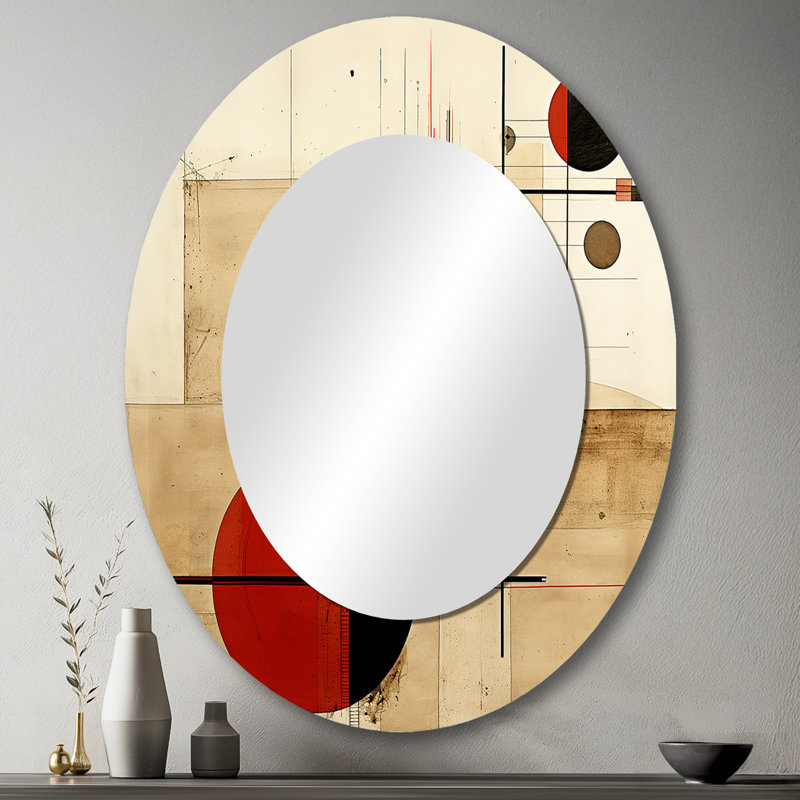 Unravelling The Mystery Retro Geometrics II - Red Modern Oval Wall Mirror, 43" x 33"