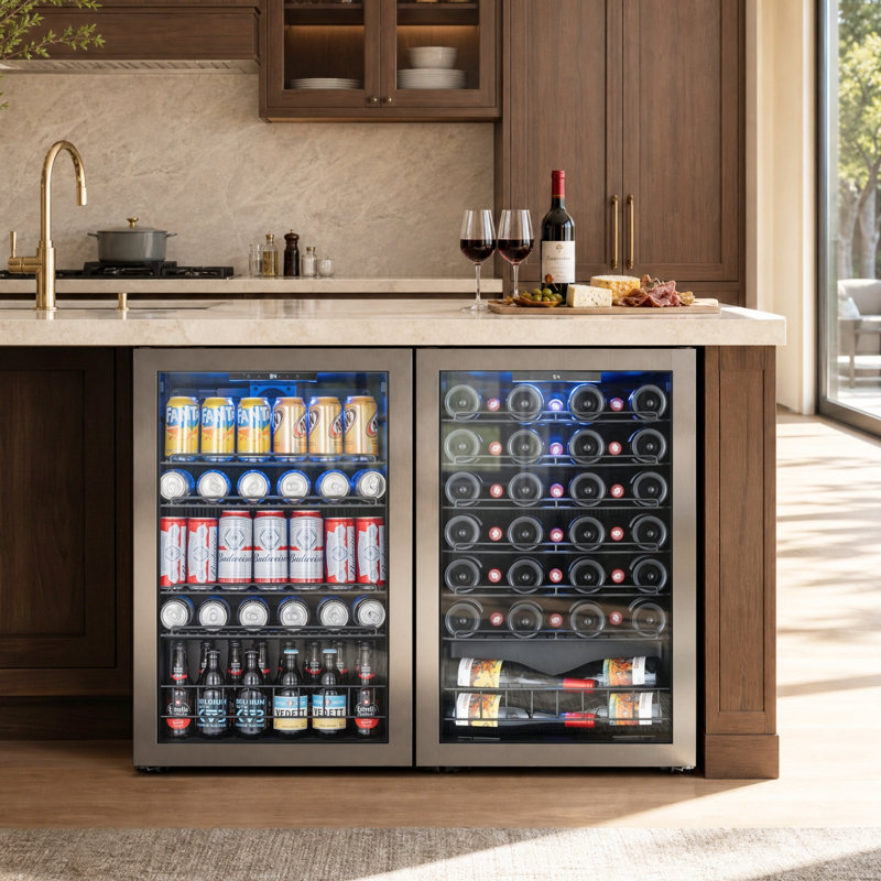 Freeatanding Wine Beverage Cooler Combo 46 Bottle & 155 Cans Wine Beverage Fridge with Reversible Door 3-Color LED Light Adjust Shelves(2 units)