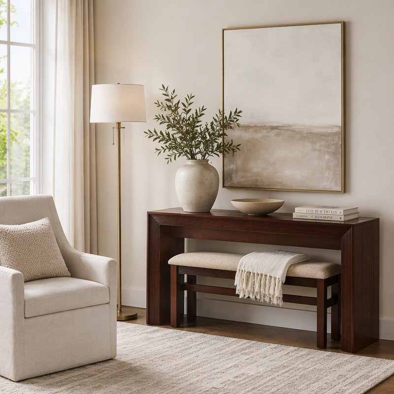Console haute cannelée avec banc recouvert de tissu, Cerisier
