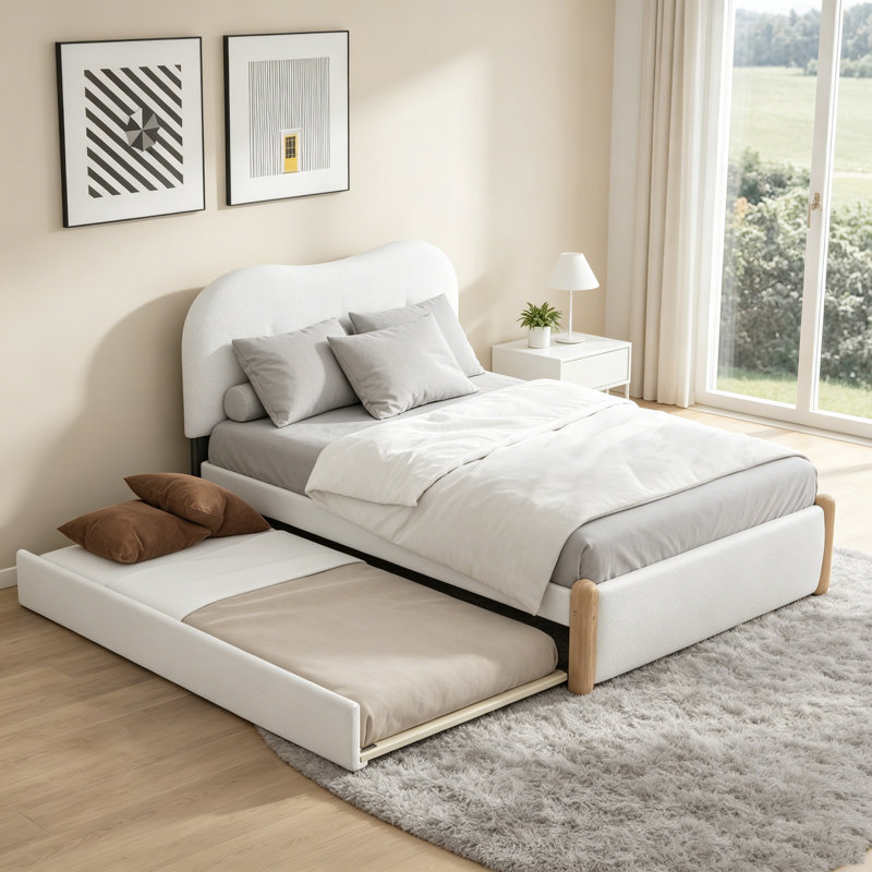 Lit plateforme double tapissier pleine grandeur avec pieds de support en bois et lit gigogne simple, Full, White