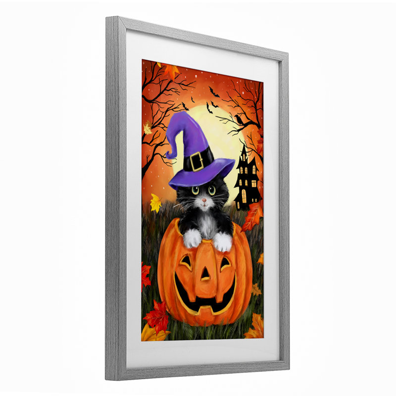 «Cat Peeking from Jack-o-Lantern», reproduction sous verre encadrée, conception par Jean-François, H 20 po x l 14 po