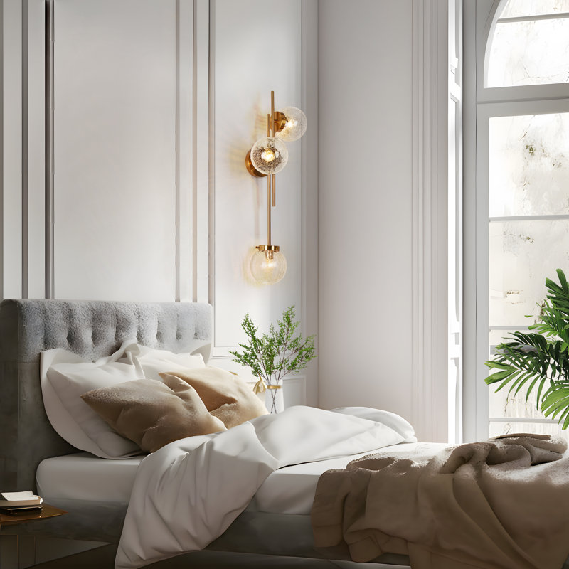 Jenavicia 30" H 3-Light Brass Metal Armed Sconce with Hand-Blown Cracked Glass Shades 