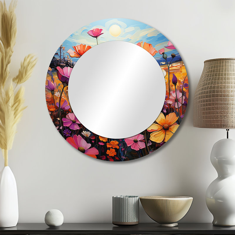 Mauve et jaune fleurs sauvages Symphony - grand miroir mural Wildflowers, miroir décoratif rond traditionnel, impression d'art en métal