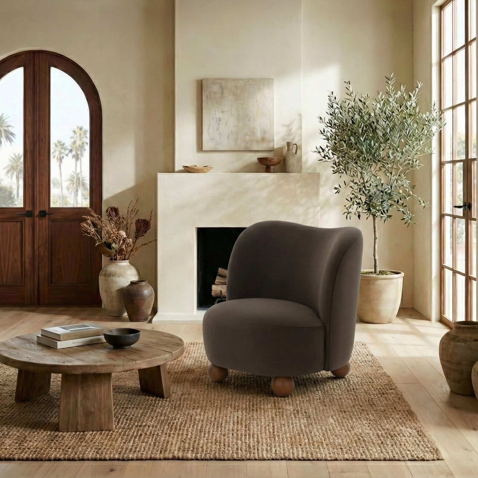 Boucle Slipper Chair, Dark Brown Velvet