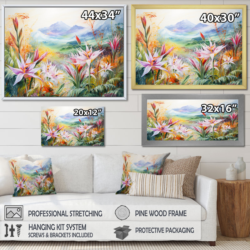 «Birds Of Paradise Flowers Mountain I» sur toile, Cadre flottant noir, H 24 po x l 32 po x P 1 po