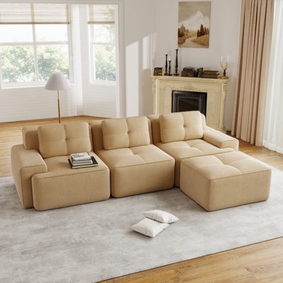 117'' W Modern L-Shaped Modular Sectional Sofa With Corduroy Fabric, Deep Seat, Movable Ottoman, Pearl-Like Piping, And Anti-Slip Base