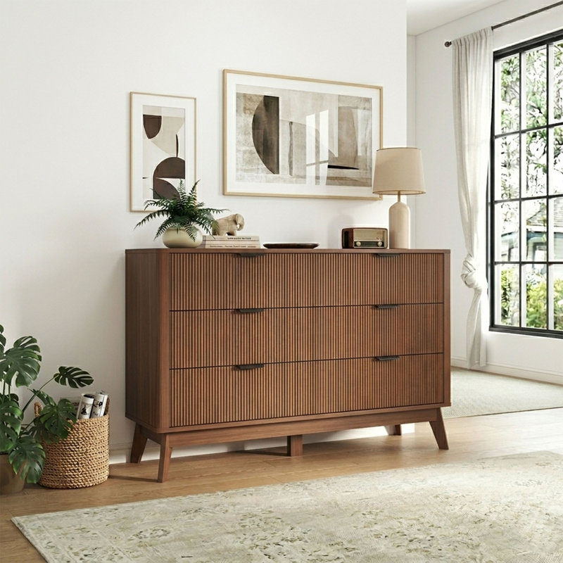 Commode cannelée de grande capacité à 6 tiroirs cannelés, 49,6 po de largeur avec poignée en métal, Brun