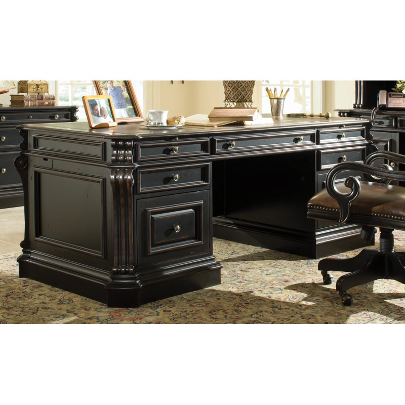 Black Traditional Solid Wood Executive Desk with Drawers